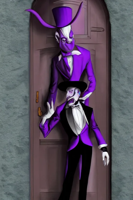 Prompt: a purple skinned tiefling with a goatee wearing a white suit and tophat standing in a doorway, purple skin, goatee, by Mark Brooks