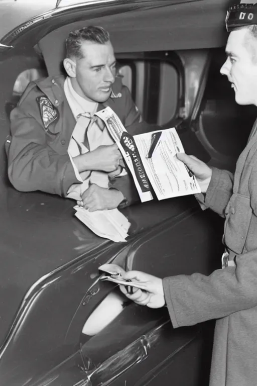 Image similar to a 1 9 5 0 s police officer issuing a ticket on a car