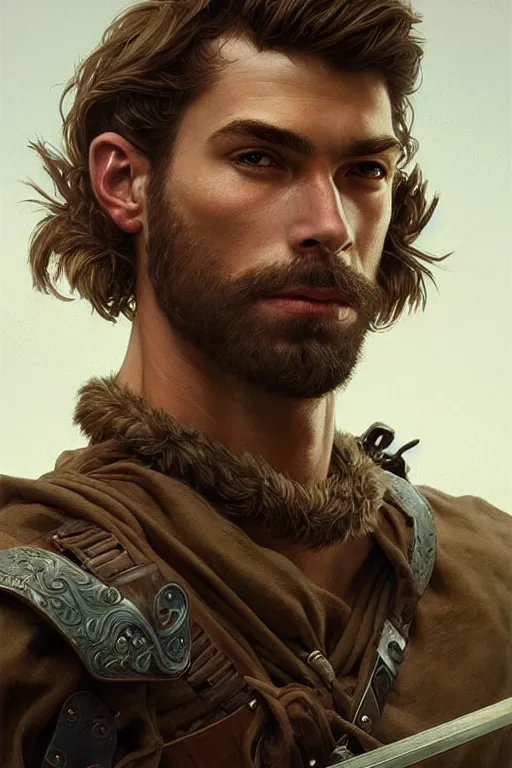 Prompt: portrait of a young rugged ranger, muscular, handsome, upper body, hairy torso, D&D, fantasy, intricate, elegant, highly detailed, digital painting, artstation, concept art, smooth, sharp focus, illustration, art by artgerm and Greg Rutkowski and Alphonse Mucha