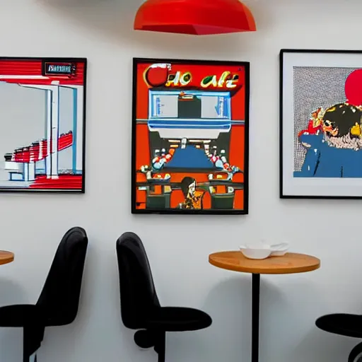 Image similar to photo of a minimalist white arcade with cafe tables, and retro art on the white walls