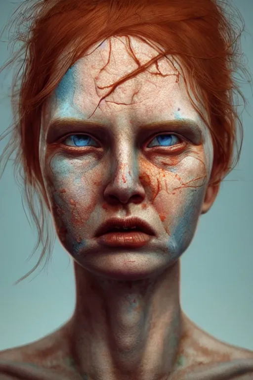 Image similar to outer body projection of beautiful woman, blue eyes, angry look, messy ginger hair, 4 k, cinematic lighting, hdr, highly detailed, ultra fine detail, photoreal, sharp focus, art by zdislav beksinski, rendered in octane, raytraced