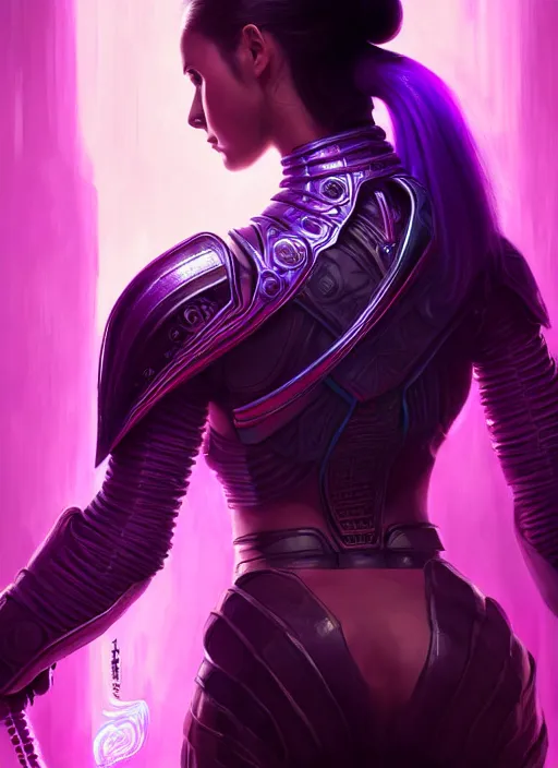 Image similar to portrait, back shot, looking away from viewer, woman with long black ponytail, wearing sci - fi leather armor, glowing purple katana, intricate, elegant, glowing lights, highly detailed, digital painting, artstation, concept art, smooth, sharp focus, illustration, art by wlop, mars ravelo and greg rutkowski