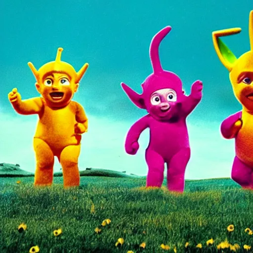 Prompt: movie still of Teletubbies as a horror movie