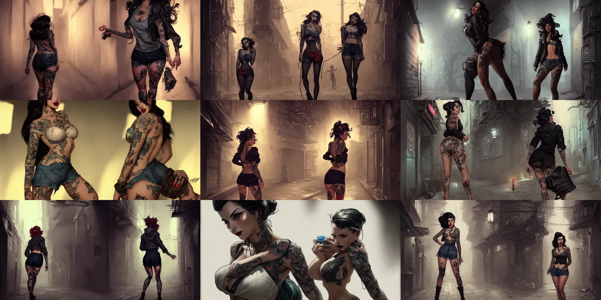 Prompt: tattooed pinup girl wearing a jacket and ripped shorts walking in a dark alley, deep focus, turnaround, highly detailed, dramatic lighting, digital painting, artstation, concept art, matte, sharp focus, illustration, elegant, kim jung gi, art by artgerm and greg rutkowski and alphonse mucha.