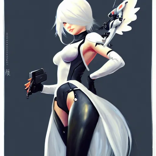 Image similar to greg manchess painting of a 2 yorha type a no. 2 as overwatch character!! with a drone!, white long hair, organic painting, trending on artstation, by huang guangjian and gil elvgren and sachin teng