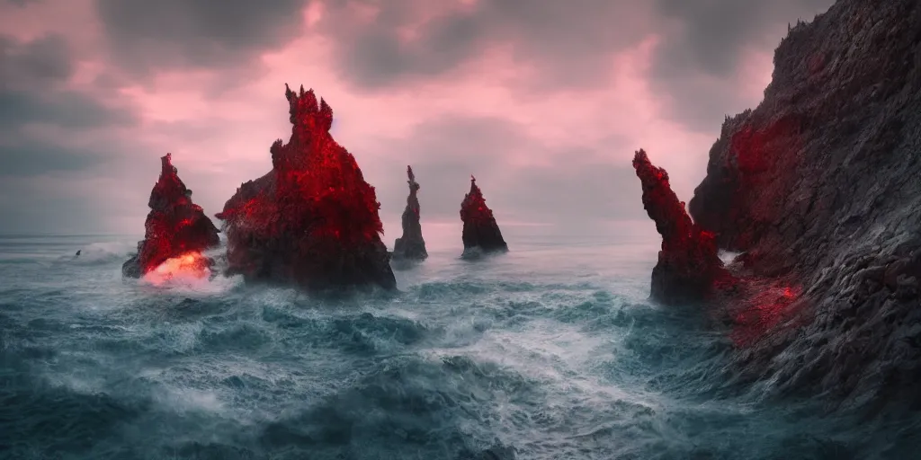 Prompt: beautifully hellish seascape photography by carr clifton, by galen rowell # film kodak ektar 8 k resolution ; night on a fantasy world, concept art by daniel lieske, by dan witz 8 k 3 d 1 6 k,