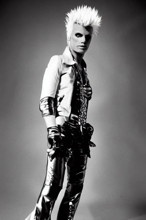 Image similar to portrait billy idol dressed in 1 9 8 1 space fantasy fashion, new wave, minimal, shiny metal, standing in a desert