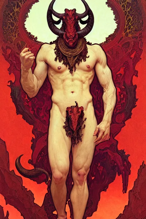 Image similar to portrait of a beautiful young fit male demon with ram horns, scaly torso, goat legs, hellish scene, by greg rutkowski and alphonse mucha, d & d character, gradient red to yellow, in front of an hellish landscape background, highly detailed portrait, digital painting, artstation, concept art, smooth, sharp focus ilustration, artstation hq