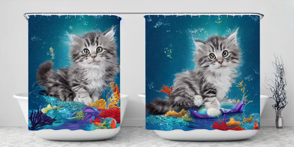 Prompt: a main coon kitten little mermaid themed shower curtain, product photography. digital art. 4 k, highly detailed.