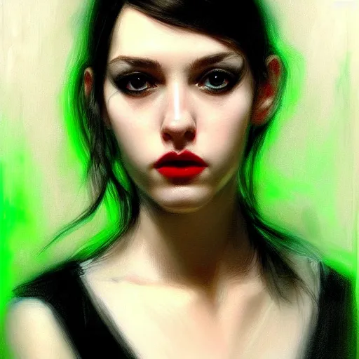 Image similar to a realistic illustration portrait of a beautiful cute girl with wavy black red hair, a pointy nose and, round chin black eyeliner, green pupills, trending on artstation, hyper - realistic lighting, intricate by casey baugh