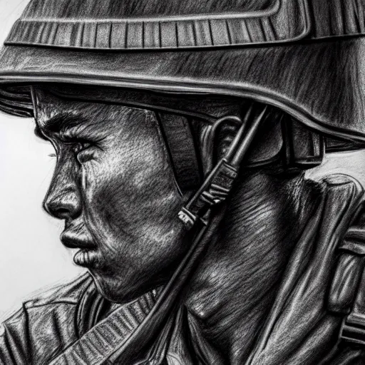 Prompt: a very detailed pencil drawing of a us soldier in vietnam 4 k, high resolution, still, landscape, hd, dslr, hyper realistic, sketch