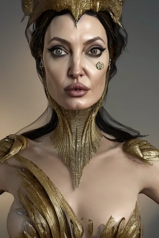 Image similar to a highly detailed 4 k render portrait of an alien goddess angelina jolie in iris van herpen dress schiaparelli armor in diamonds and lots of jewelry in style of alphonse mucha trending on artstation made in unreal engine 4