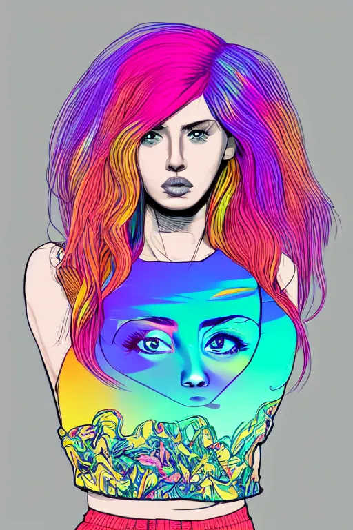 Image similar to a award winning half body portrait of a beautiful woman with stunning eyes in a printed croptop and cargo pants with rainbow colored ombre hairstyle head in motion and hair flying by josan gonzales, outrun, vaporware, shaded flat illustration, digital art, trending on artstation, highly detailed, fine detail, intricate