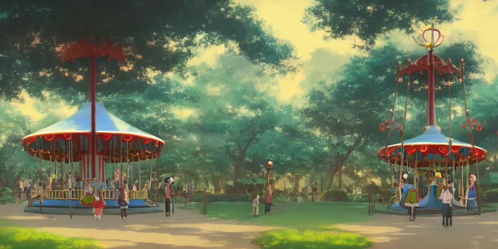 Image similar to at a merry - go - round park, evening, detailed matte painting, low angle view, telephoto lens, bokeh, hayao miyazaki, studio ghibli, artstation