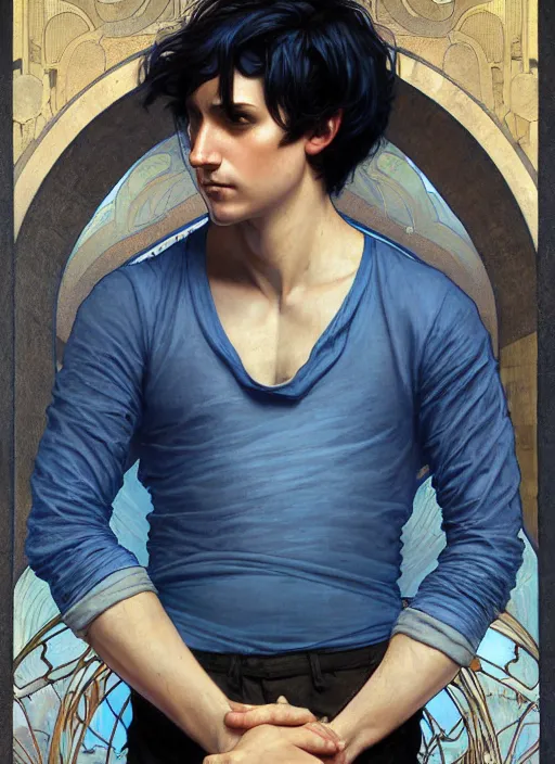 Image similar to handsome young man with short black hair, male, dressed in blue, looking down, half body shot, arms down, path traced, highly detailed, high quality, digital painting, bastien lecouffe - deharme, alphonse mucha, art nouveau, posuka demizu