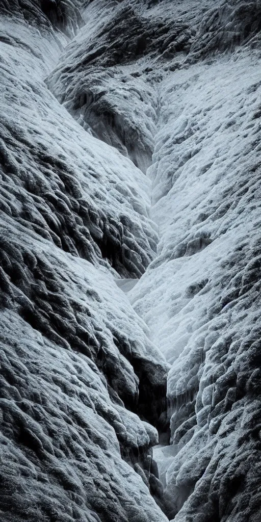 Image similar to dream looking through a hyper realistic photograph of a ice covered canyon, minimal structure, futurists landscape, misty, icelandic valley, small stream over black rock, small waterfall, fibonacci, timed exposure, in the style of reuben wu, roger deakins