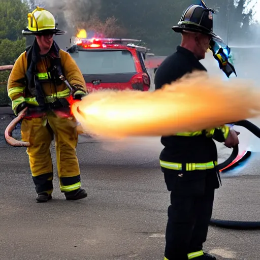 Image similar to a firefighter extinguishing a fire with a flamethrower