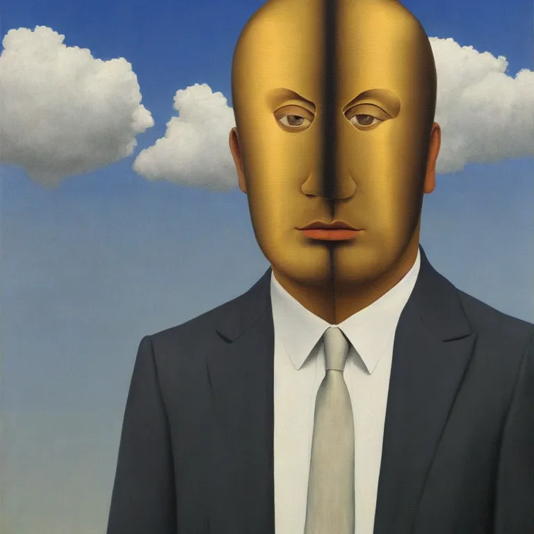 Image similar to portrait of a faceless chrome - head man in a suit, clouds in the background, by rene magritte, detailed painting, distance, centered, hd, hq, high resolution, high detail, 4 k, 8 k