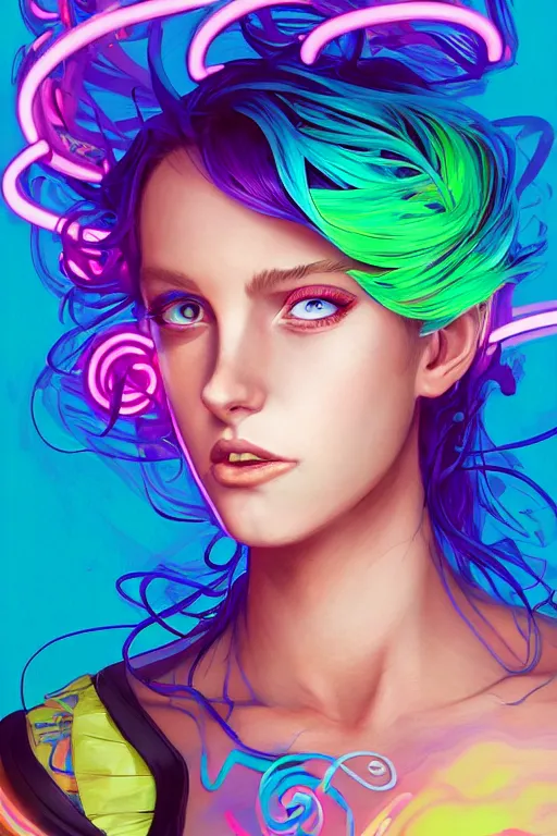 Image similar to a award winning portrait of a beautiful woman with stunning eyes in a one off shoulder croptop and cargo pants with rainbow colored hair, outlined by whirling illuminated neon lines and fine lines swirling in circles by jesper ejsing and rhads and makoto and shinkai and lois van baarle, digital art, trending on artstation