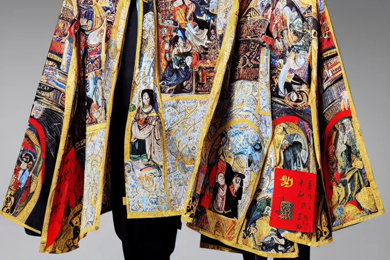 Image similar to the school of athens fresco gucci versace intricate print modern choatic textiles cloak tunic streetwear japanese cyberpunk