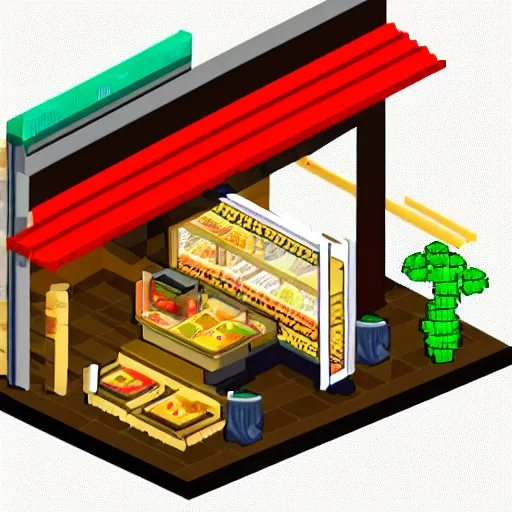 Prompt: isometric view of ramen shop, pixelart