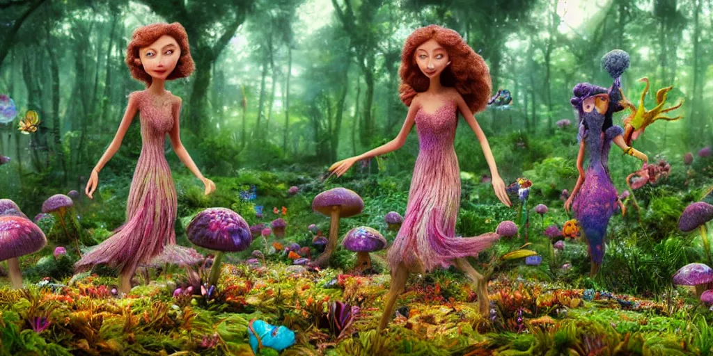 Image similar to beautiful fae queen walks through happy trippy fungal landscape, weta pixar 8 k detailed face