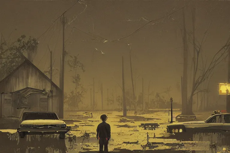 Image similar to scene from louisiana swamps, old protestant church with neon satanic pentagram, junkyard by the road, boy scout troop, voodoo artwork by tim eitel