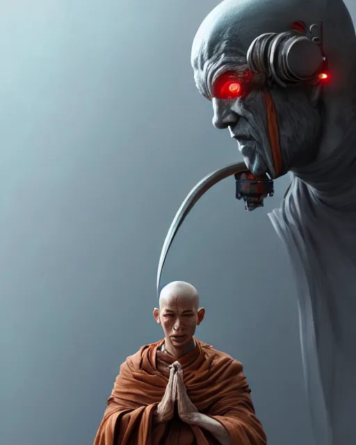 Prompt: a cyborg warrior monk with praying hands, wearing a flowing cloak, cyborg hardware, 3 d render, octane, zbrush, painting, artstation, concept art, smooth, sharp focus, illustration, art by artgerm and greg rutkowski