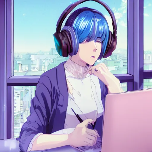 Image similar to high definition anime portrait of an anime girl with pastel colored hair sitting at a desk studying with headphones on, background is a window looking out into a busy Tokyo district, lo-fi art, masterpiece by Hirohiko Araki, trending on artstation, sharp high quality anime, digital art, photoshop, proportionate, ambient lighting, clear facial festures