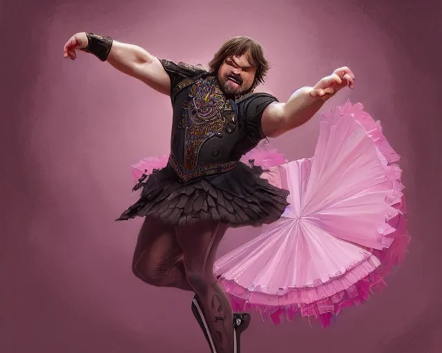 Image similar to photography of jack black dancing in a pink ballerina outfit, full body shot, deep focus, d & d and mtg, fantasy, intricate, elegant, highly detailed, digital painting, artstation, concept art, matte, sharp focus, illustration, hearthstone, art by artgerm and greg rutkowski and alphonse mucha