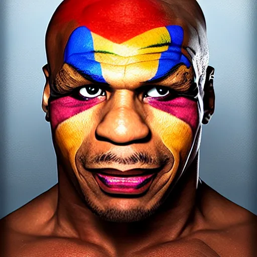 Prompt: UHD photorealistic Mike Tyson wearing a clown costume with real clown makeup by Miguel Vasquez