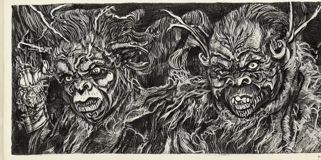 Image similar to scan of book with intricate ink drawings of tyrolean folklore masks, krampus, scary dark, dark ink, old paper