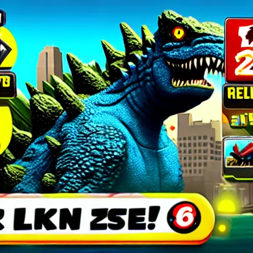 Image similar to an in-game screenshot of Godzilla as a playable skin in Subway Surfers, as coherent as Dall-E 2