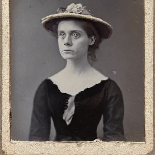 Prompt: a late 1 9 th century, 3 0 years old, austro - hungarian, sullen old maid ( redhead, tight bun, tight bun, straw hat decorated with too big flowers, looks a like amy adams mixed with anne - marie duff, but not pretty, as a strict school teacher ), daguerreotype by emil rabending and henry fox talbot