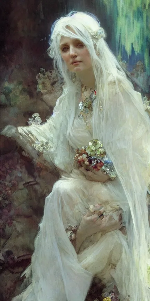 Image similar to a beautiful white haired woman, adorned with precious stones, by jeremy mann and alphonse mucha