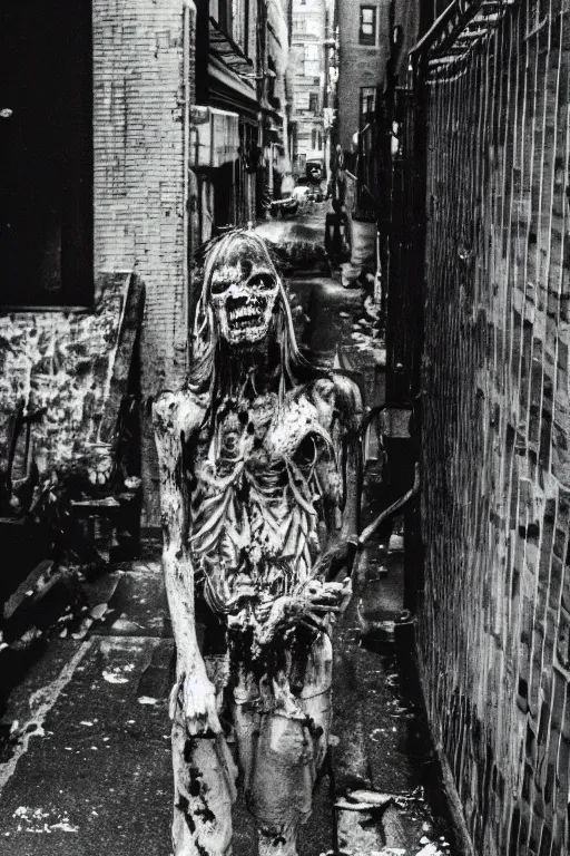 Image similar to 35mm photo of a fungus zombie in a nyc alley