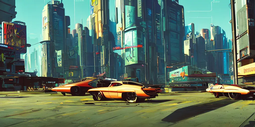 Image similar to art style by Ben Aronson and Edward Hopper and Syd Mead, wide shot view of the Cyberpunk 2077, on ground level.