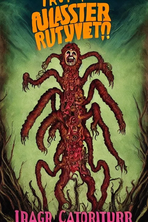 Image similar to drag queen monster in horrific eldritch horror movie poster