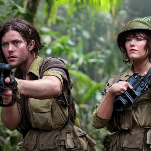 Image similar to elisha cutbert and mary elizabeth winstead as a commandos in a jungle battlefield