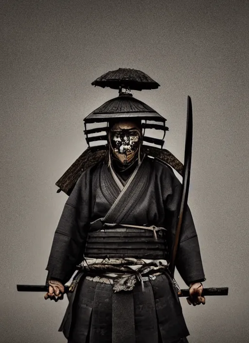 Image similar to samurai portrait photo, wearing all black mempo mask, after a battle, war scene, dirt and unclean, extreme detail, cinematic, dramatic lighting render, extreme photorealism photo by national geographic, hendrick kerstens, masterpiece