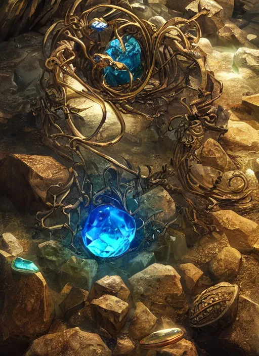 Image similar to mine full of gemstones and rocks, ultra detailed fantasy, elden ring, realistic, dnd, rpg, lotr game design fanart by concept art, behance hd, artstation, deviantart, global illumination radiating a glowing aura global illumination ray tracing hdr render in unreal engine 5