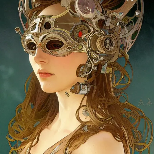 Image similar to A close-up portrait of a beautiful female cyborg wearing an intricate venetian mask by Alphonse Mucha, exposed inner structure, glowing eyes, art nouveau card, wlop, trending on artstation