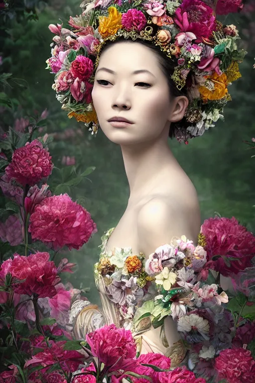 Image similar to a beautiful portrait of an empress in her garden, with a brilliant, impossible striking big flower headpiece, clothes entirely made out of flowers, symmetrical, closeup, dramatic studio lighting, rococo, baroque, jewels, asian, hyperrealism, D&D, fantasy, intricate, elegant, highly detailed, digital painting, artstation, octane render, 8k, concept art, matte, sharp focus, illustration, art by Artgerm and Greg Rutkowski and Alphonse Mucha