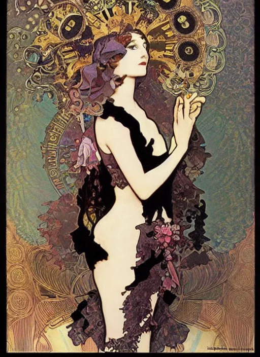 Image similar to Goth fractal girl, surreal Dada collage by Alphonse Mucha