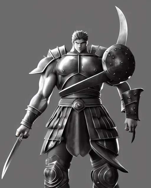 Image similar to strong muscular warrior with a greatsword and fully clad in plate armor, dramatic action pose, square masculine facial features, short messy hair, 3 d octane render, unreal engine 5, ultra high detail, cel shaded, trending on pixiv fanbox, by greg rutkowski makoto shinkai takashi takeuchi studio ghibli, akihiko yoshida