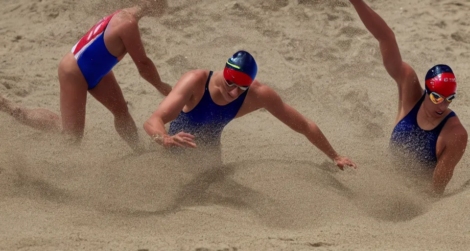 Image similar to olympic swimming in sand instead of water, extremely coherent, motion blur