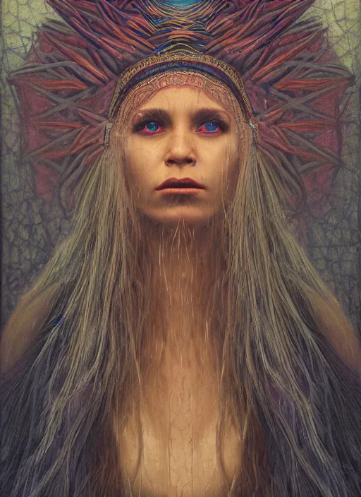 Image similar to Ayahuasca tripping cult magic psychic woman, subjective consciousness psychedelic, occult ritual, dark witch headdress, oil painting, robe, symmetrical face, greek dark myth, by John William Godward, Sean yoro, Anna Dittman, masterpiece