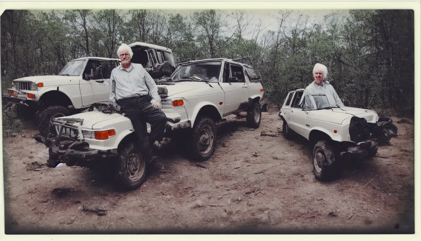 Image similar to old, scratched polaroid picture of old white haired man posing near his extremely lifted offroad suv very detailed, 8 k
