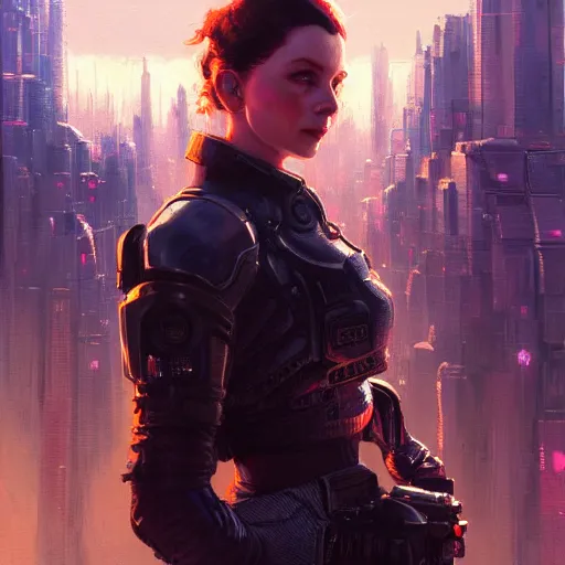 Prompt: closeup portrait of a young vivian leigh as cyberpunk mercenary, city background, megacity, high fantasy, dramatic light, gorgeous view, depth, high detail, digital art, painted by greg rutkowski, trending on artstation