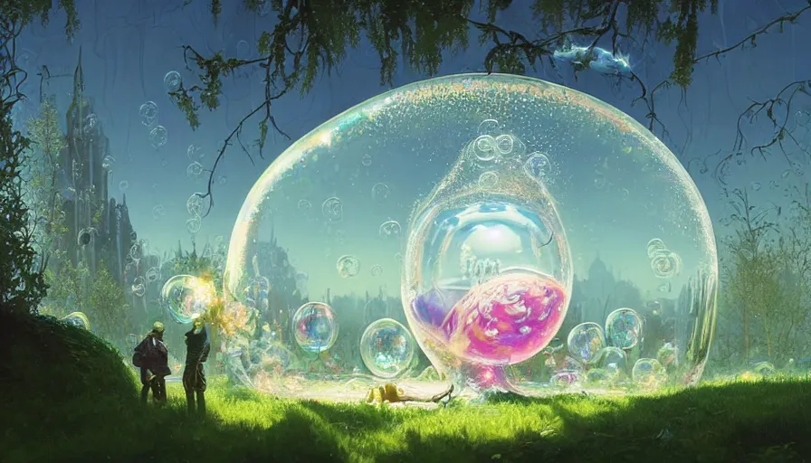 Image similar to a beautiful woman inside ornate bubbles of iridescent liquid, alchemy, intricate, bloom, detailed, volumetric lighting, sharp focus, photorealism, digital painting, highly detailed, concept art, by roger dean and simon stalenhag and mark brooks